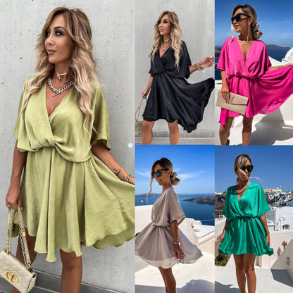 Spring Summer Solid Color Satin Loose Casual Vacation V Neck Dress