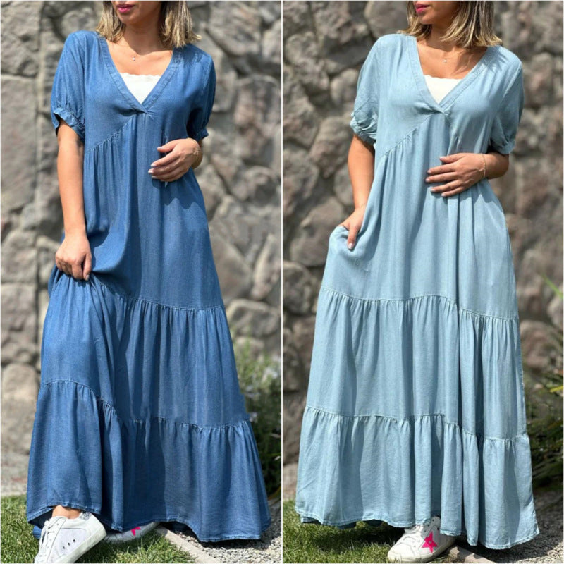 Women Casual Loose V-Neck Solid Color Denim Plus Size Dress