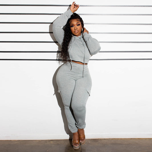 Women Fashion Casual Stitching Fleece-Lined Long-Sleeve Hooded Tight Pants Two-Piece Set