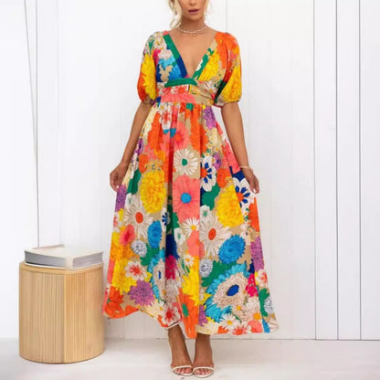 Women Casual Fashion Printed V-Neck Puff Sleeve Vacation Maxi Dress