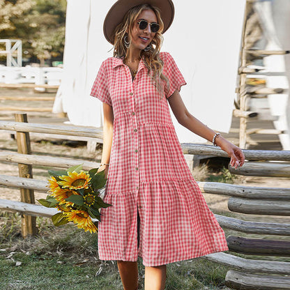 Women Fashion Casual Plaid Single Breasted Lapel Short Sleeve Dress