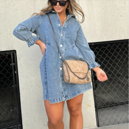 Fashion Casual Women Puff Sleeve Loose Lapel Denim Dress