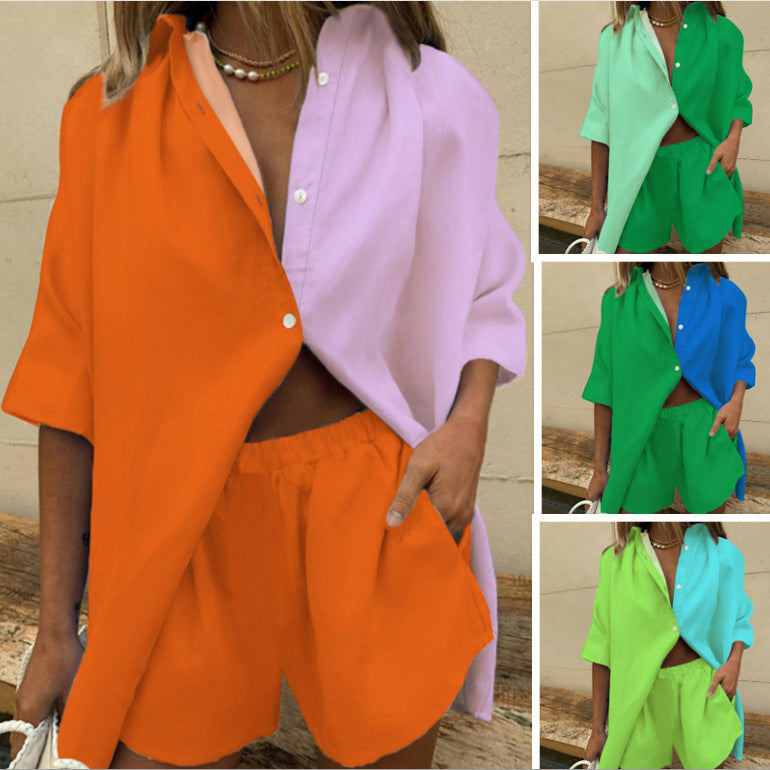 Conjunto informal de dos piezas para mujer: top de manga corta y pantalón corto con bloques de color.