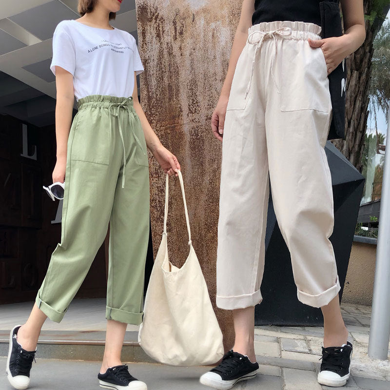 Women Casual Harem Pants Lace Up Loose High Waist Wide Leg Pants