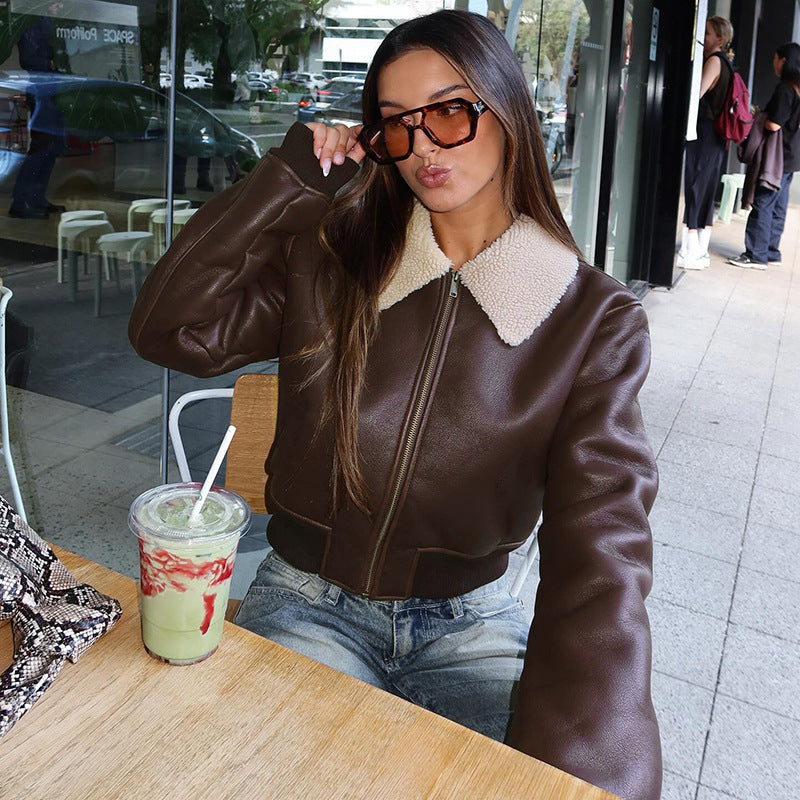 Autumn And Winter Women Fashion Casual Maillard Color Lapel Pu Leather Jacket