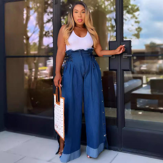 Vaqueros de pierna ancha y cintura alta informales a la moda para mujer