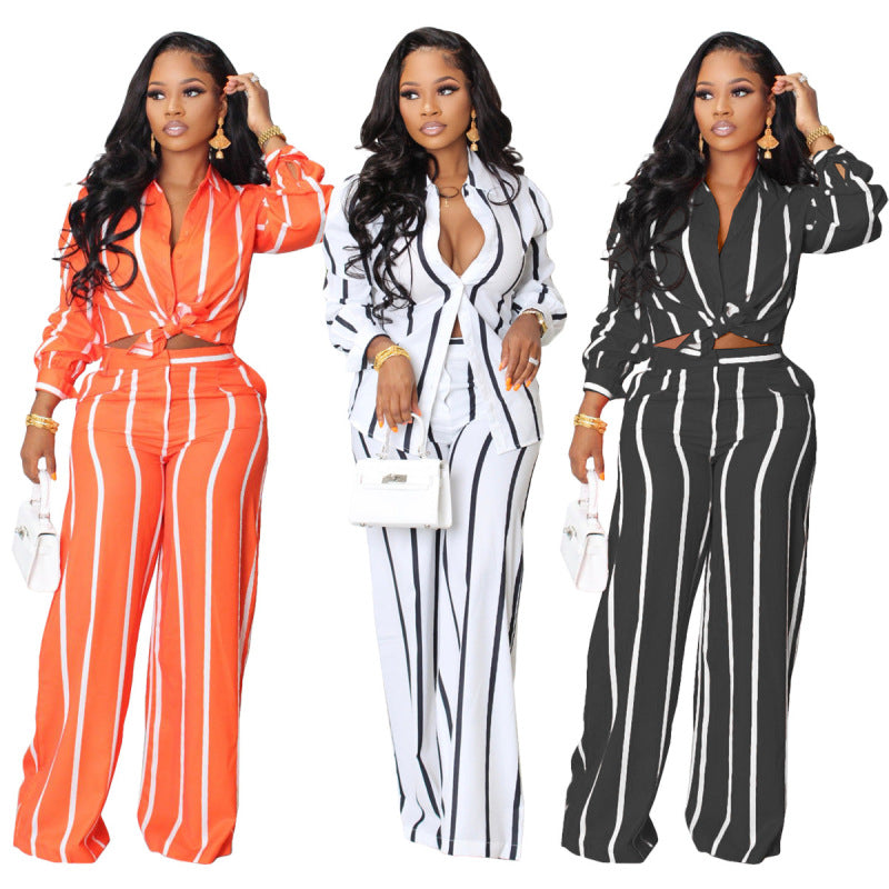 Women Stripe Print Long Sleeve Shirt Blouse Top And Wide Leg Pants Casual Two-Piece Set