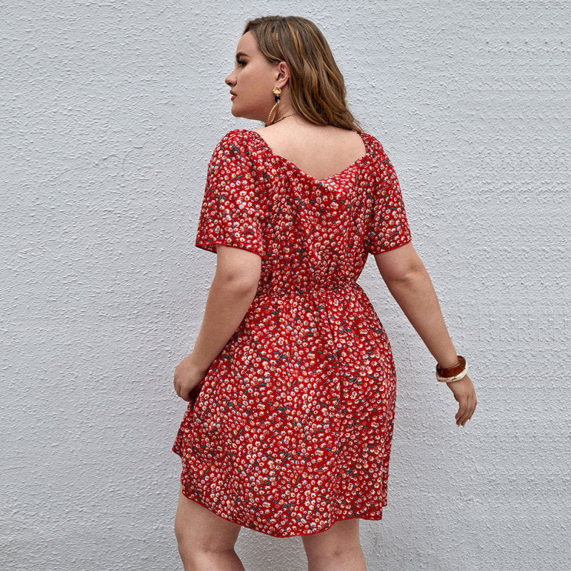 Women Fashion Casual Tiny Flower Printing V-Neck Short Sleeve Plus Size Dress