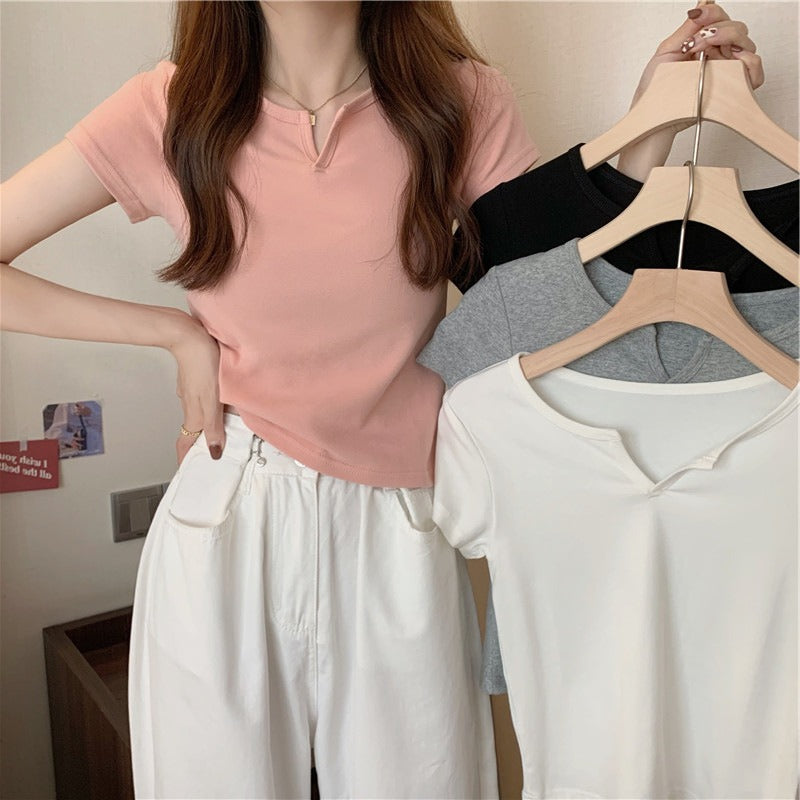 Women Casual Solid Color Short Sleeve Cropped Top Tee