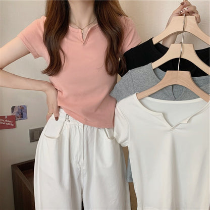 Women Casual Solid Color Short Sleeve Cropped Top Tee