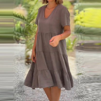 Vestido holgado informal de manga corta con cuello en V para mujer