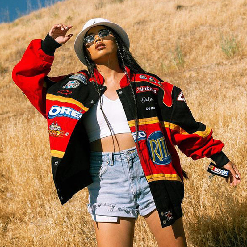 Women Fashion Casual Loose Letter Colorblock Print Long Sleeve Baseball Jacket