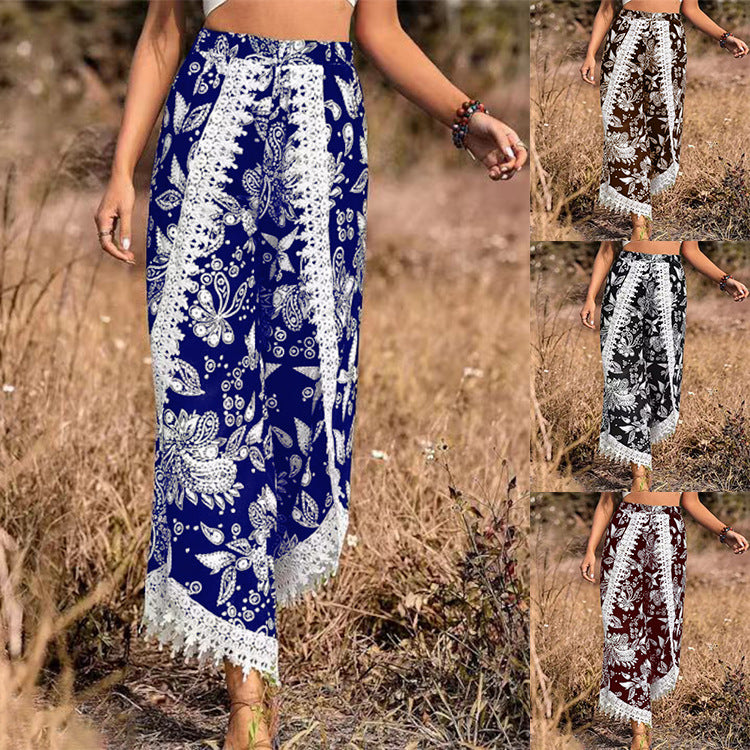 Women'S Fashion Vintage Boho Casual Paisley Printing Lace Tassel Loose Trousers Pants