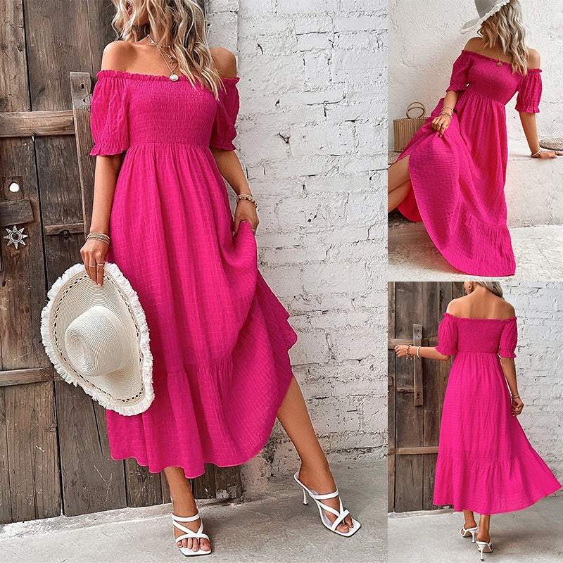 Vacation Women Casual Solid Color Off-Shoulder Maxi Dress