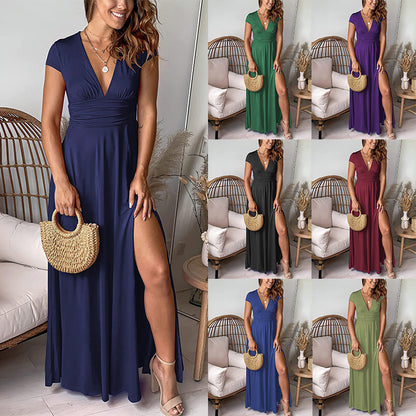 Women Fashion Casual V-Neck Creased High Waist Split Maxi Dress