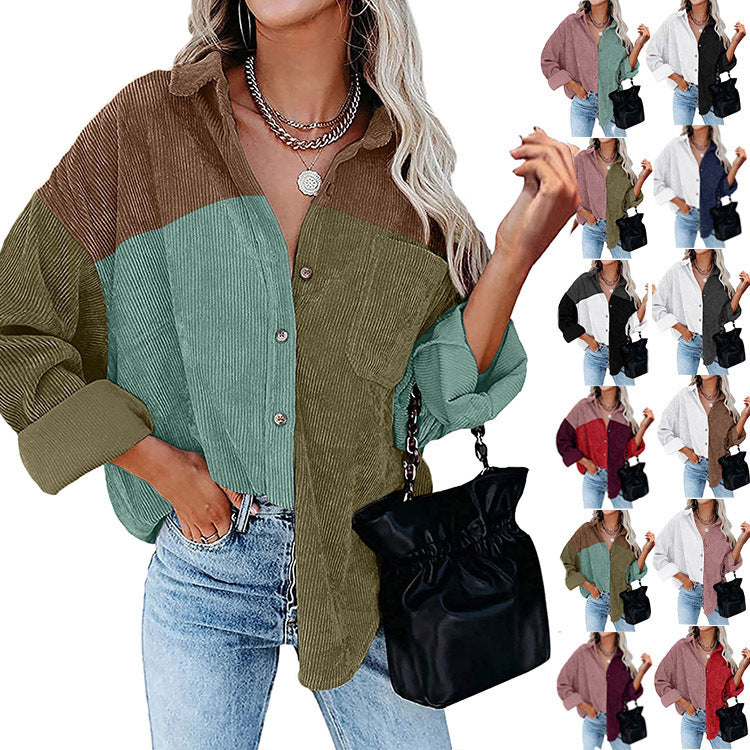 Blusa informal de manga larga con solapa y botones para mujer, con diseño de patchwork y bloqueo de color