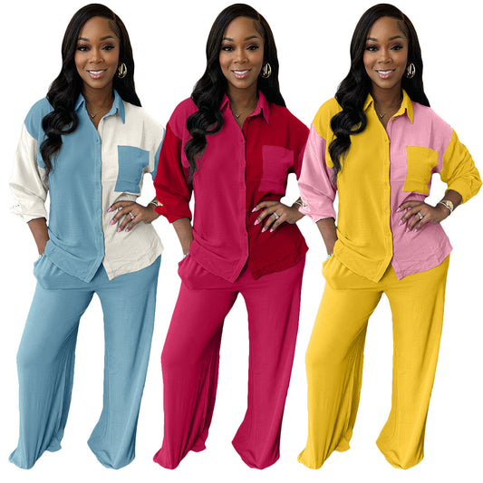 Conjunto de dos piezas de camisa informal con bolsillos y bloques de color para mujer, moda otoño/invierno