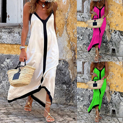 Women Fashion Casual Color Block Maxi Dress