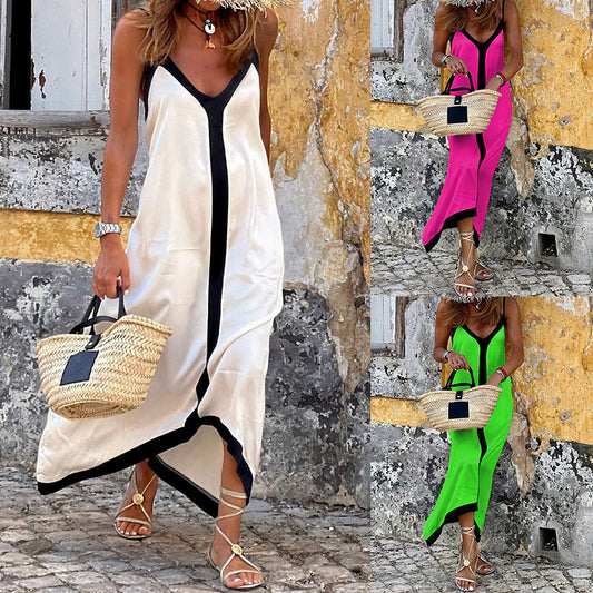 Women Fashion Casual Color Block Maxi Dress