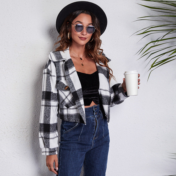 Women Elegant Casual Long-Sleeved Single-breasted Plaid Lapel Color Blocking Shacket