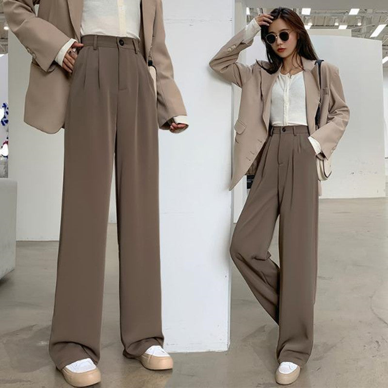 Women Fashion High Waist Casual Solid Color Straight Leg Pants