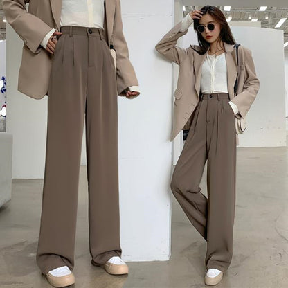 Women Fashion High Waist Casual Solid Color Straight Leg Pants