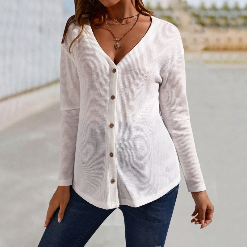 Blusa informal de manga larga con botones en V profundo de color liso para embarazadas