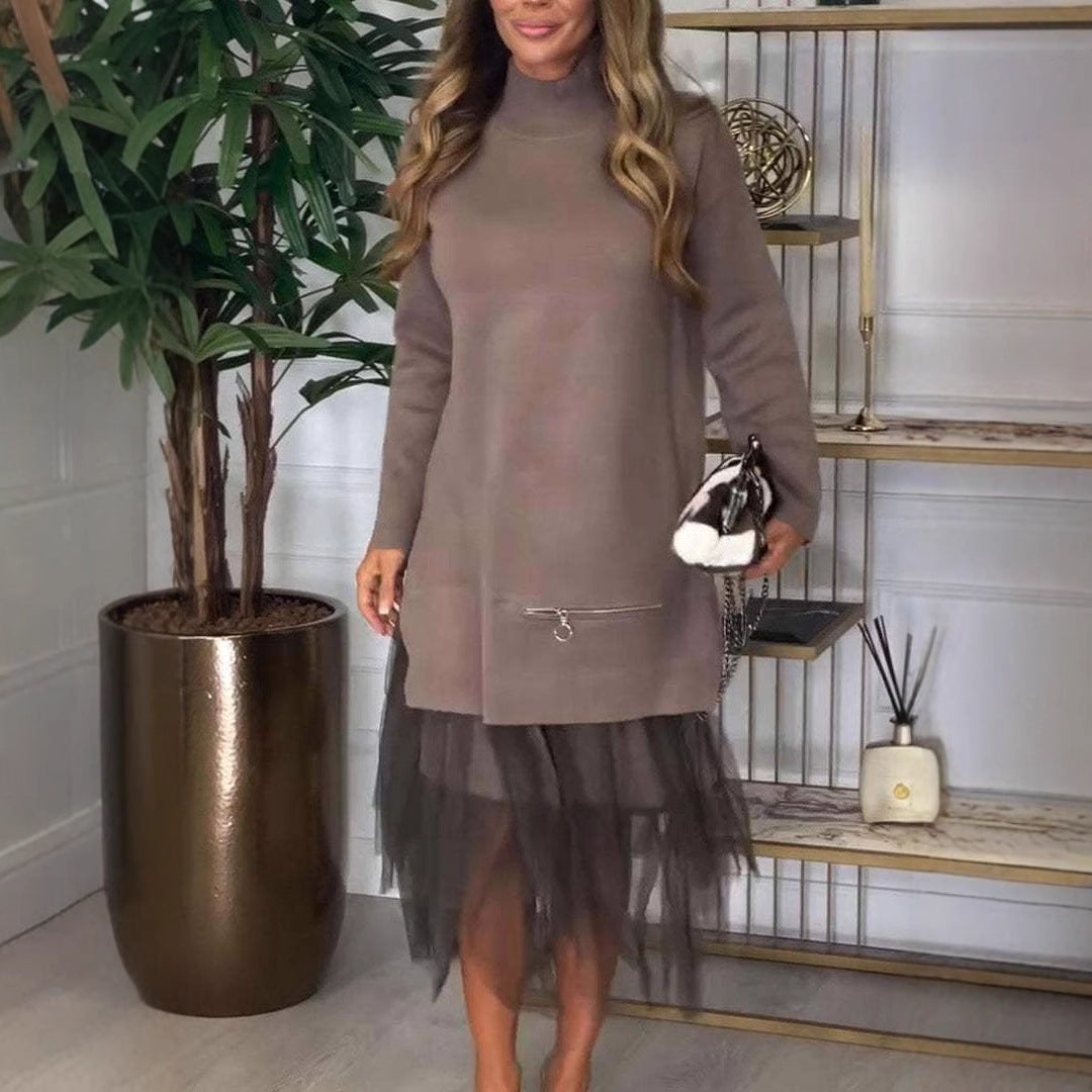 Women Fashion Casual Long Sleeve Mesh Stitching Dress