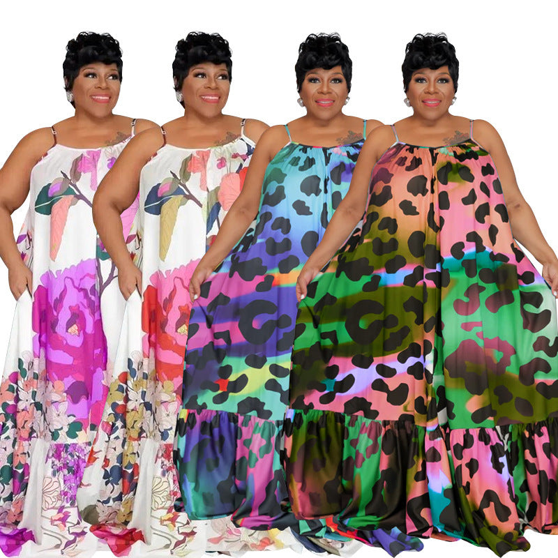 Women Plus Size Casual Loose Floral Leopard Print Spaghetti Strap Maxi Dress