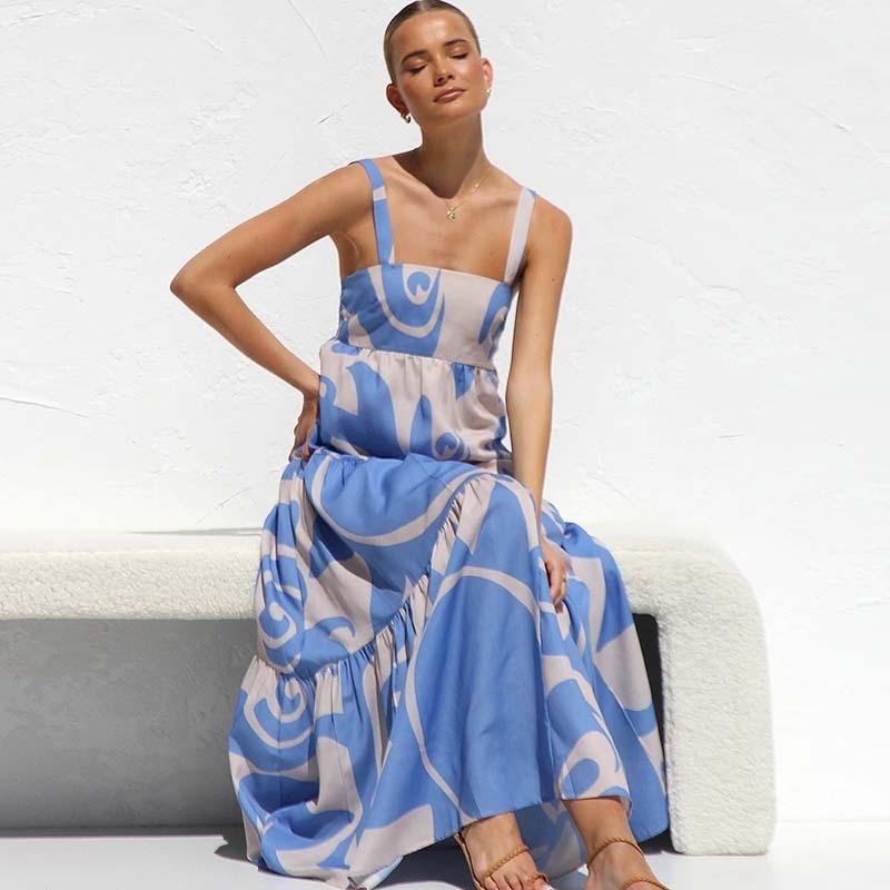 Summer Vacation Spring And Summer Women Boho Printing Fashion Strap Large Swing Casual Maxi Dress