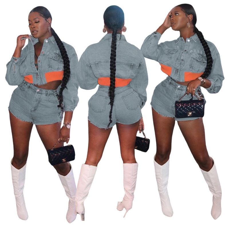Women Fashion Casual Button Long Sleeve Denim Top Side Cutout Chain Shorts Two-Piece Set