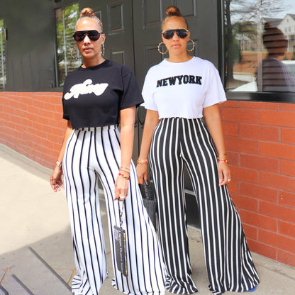 Pantalones anchos de cintura alta con estampado de rayas informales a la moda para mujer