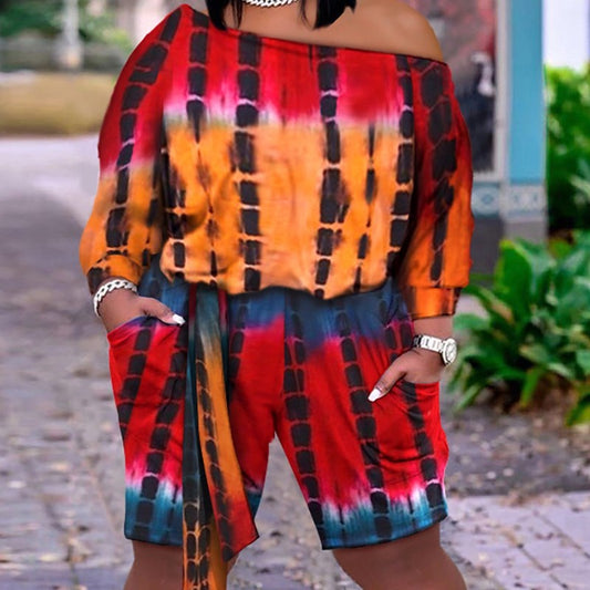 Women Simple Casual Graphic Printing One-Shoulder Double-Pocket Loose Long Sleeve Rompers