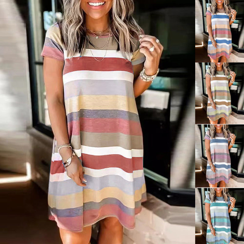 Summer Women Loose Casual Fashion Stripe Print Short Sleeve Dress