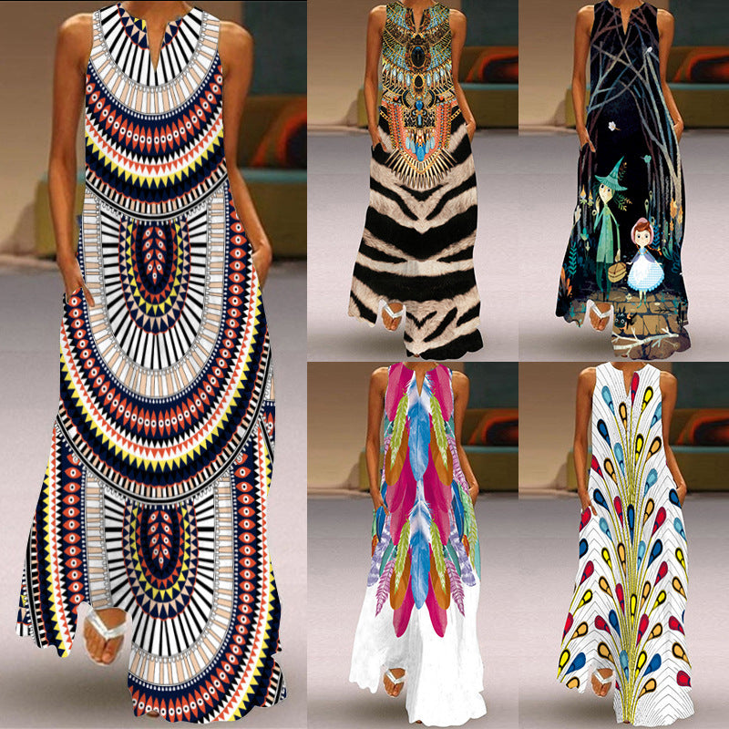 Vestido largo holgado informal de verano con escote en V y sin mangas con estampado para mujer