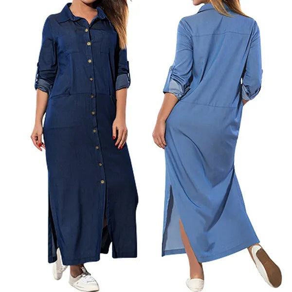 Women Fashion Casual Solid Color Long Sleeve Shirt Collar Cardigan Denim Dress