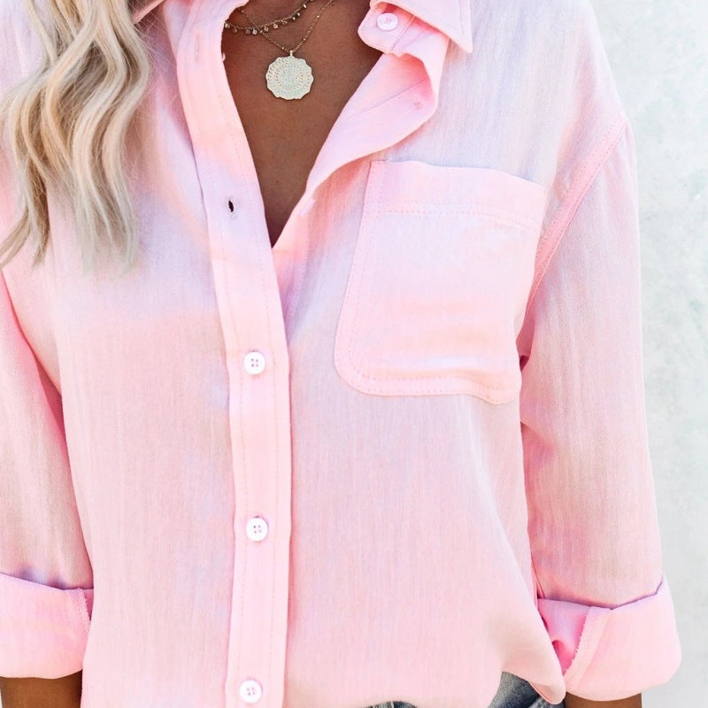 Camisa informal de manga larga de color liso a la moda para mujer