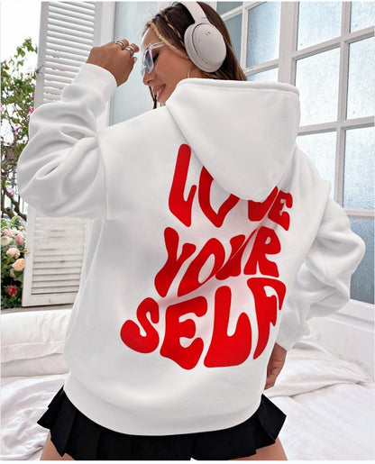 Sudadera con capucha de manga larga con estampado de letras en la espalda, holgada e informal para mujer