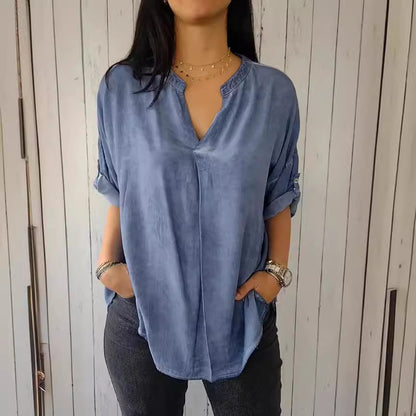 Camisa informal sencilla de color liso con cuello en V para mujer