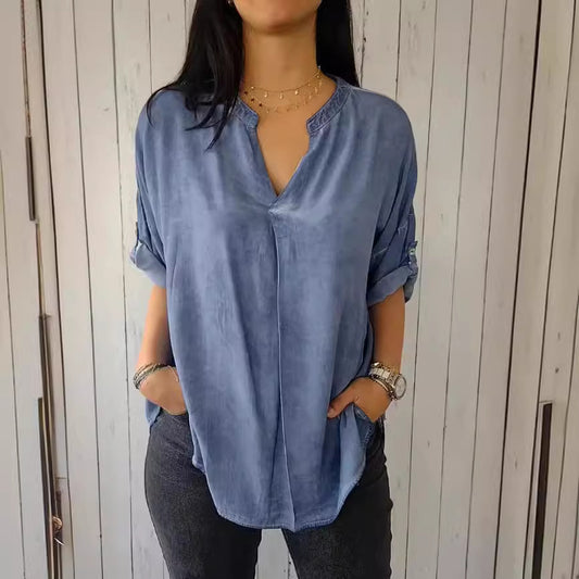 Camisa informal sencilla de color liso con cuello en V para mujer