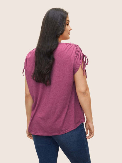 Summer Women Fashion Casual Plus Size V-Neck Drawstring Short-Sleeved T-Shirt Top