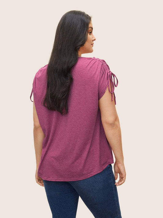 Summer Women Fashion Casual Plus Size V-Neck Drawstring Short-Sleeved T-Shirt Top