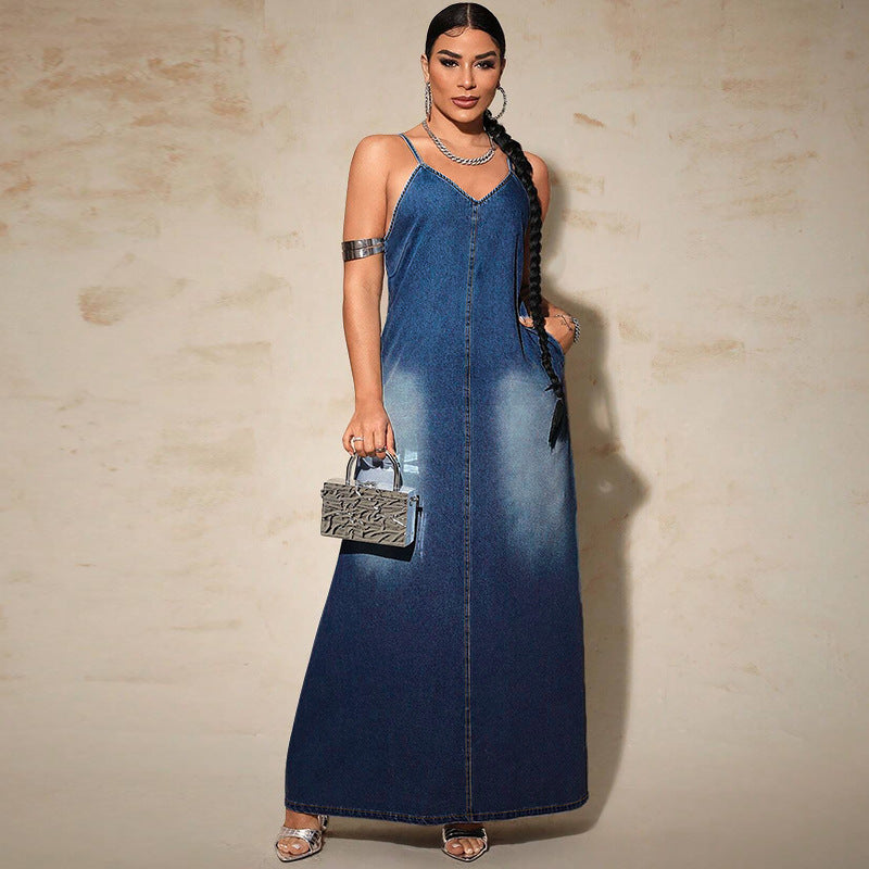 Women Fashion Casual Simple Sleeveless Camisole Denim Dress
