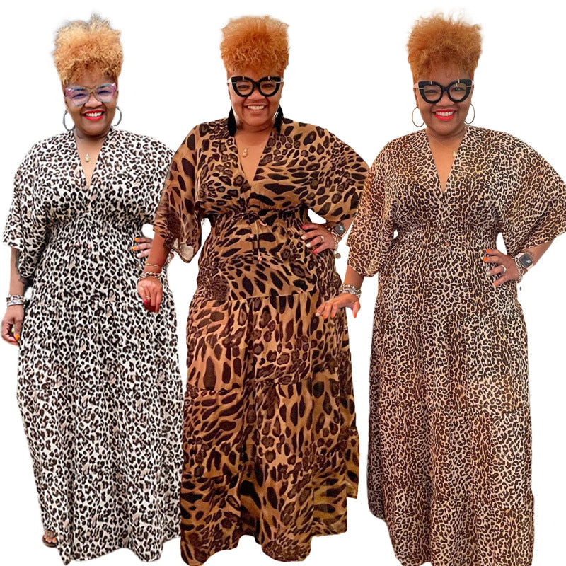 Women Fashion Casual Plus Size Leopard Print Deep V Dress
