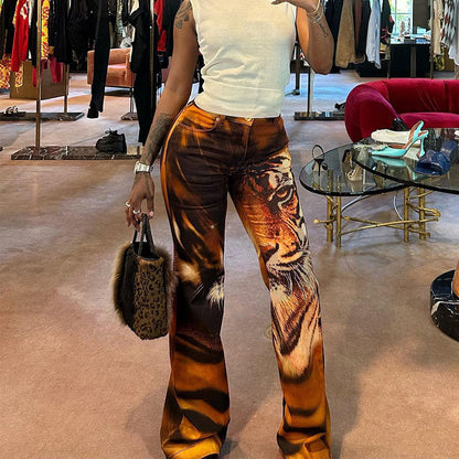 Pantalones microacampanados con estampado de tigre para mujer