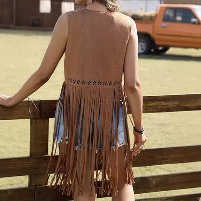 Women Casual Retro Solid Color Hollow Long Tassel Vest