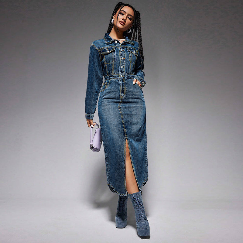 Women Fashion Casual Lapel Button Long Sleeve Split Denim Dress