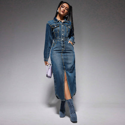 Women Fashion Casual Lapel Button Long Sleeve Split Denim Dress