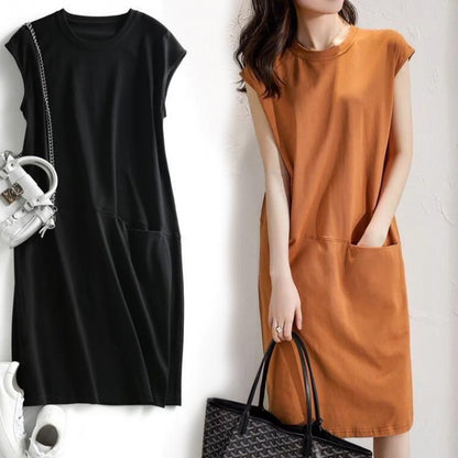 Women Fashion Casual Solid Color Short Sleeve Loose Dress