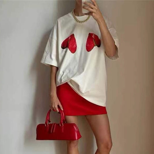 Camiseta informal de manga corta con cuello redondo y estampado de amor para mujer